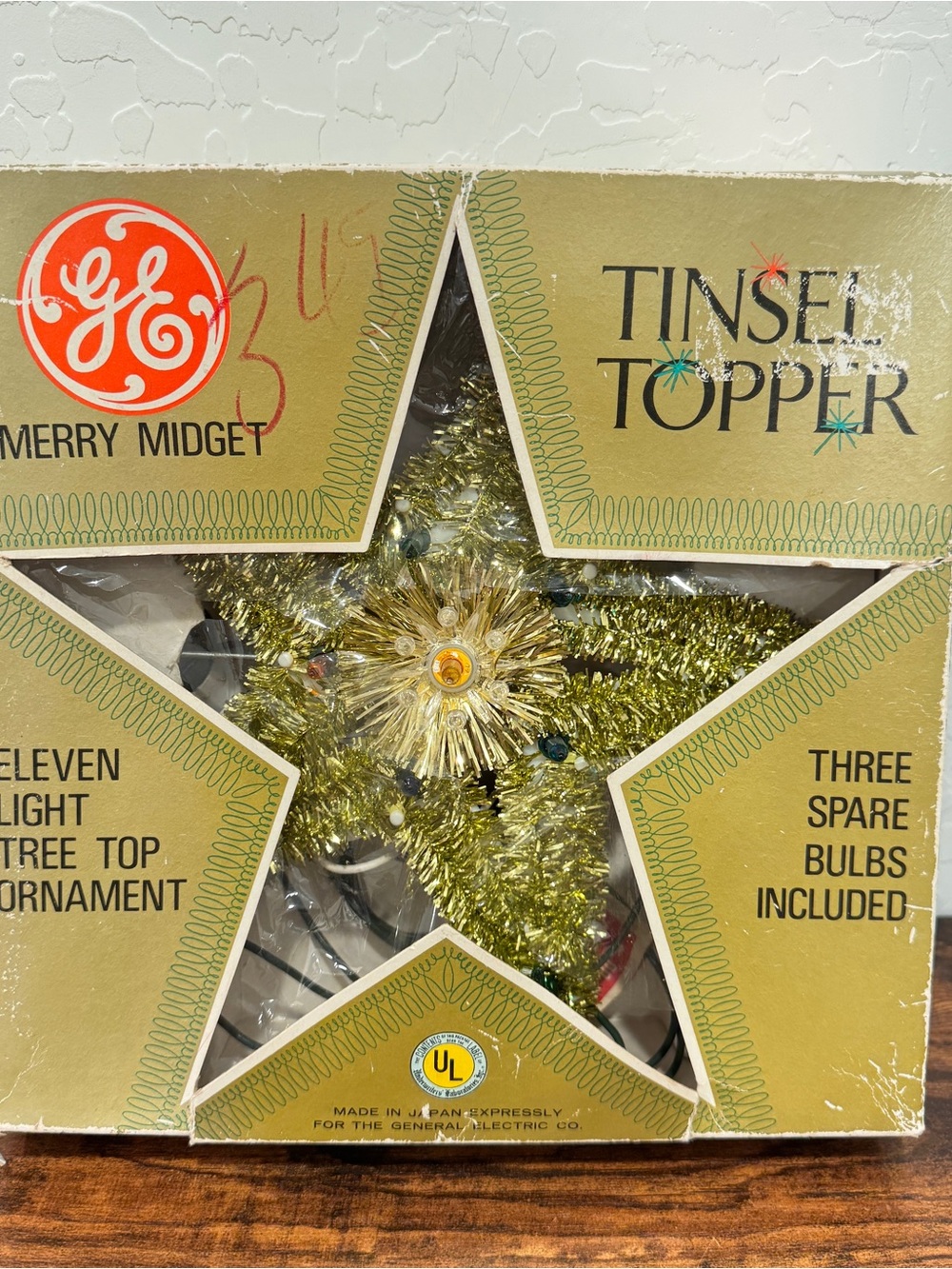 Vtg GE Christmas Star Tree Topper Merry Midget 11 Light Tinsel w/Extra Bulbs